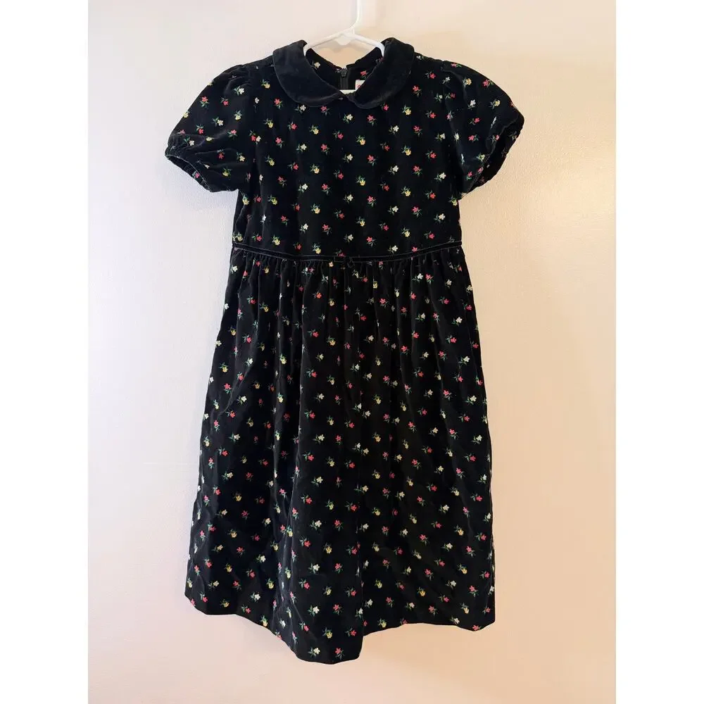 VTG 1998 Gymboree Black Velvet Floral Peter Pan Collar Holiday Dress GirlXXL 6-7